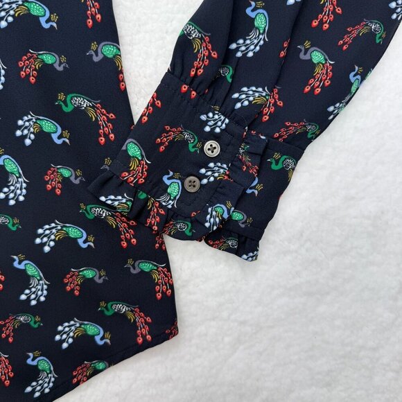 Loft Peacock Print Ruffle Neck Blouse Button Up Long Sleeve Navy Blue Size M - Picture 4 of 12